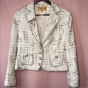 Tweed Blazer Jacket Gold Button Textured Structured Spring Chic